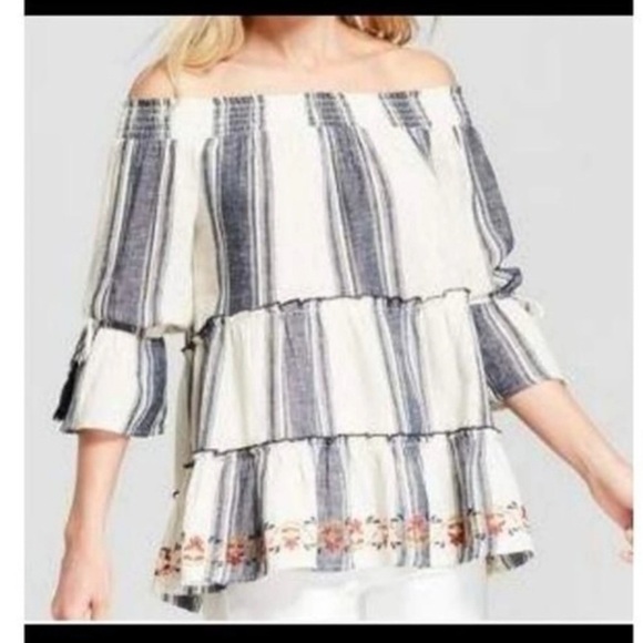 Knox Rose Size M Embroidered Top Boho Peasant Off Shoulder Striped Blouse Shirt